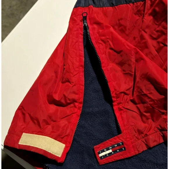 VTG Tommy Hilfiger Sailing Jacket Flag 2X Color Block Hood 1/4 Zip Fleece Lined